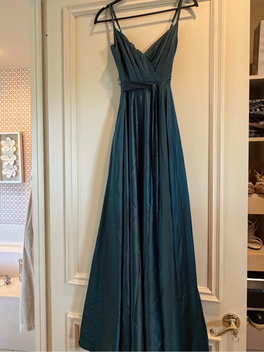 B Darlin Deep Teal Satin V-Neck Maxi Dress